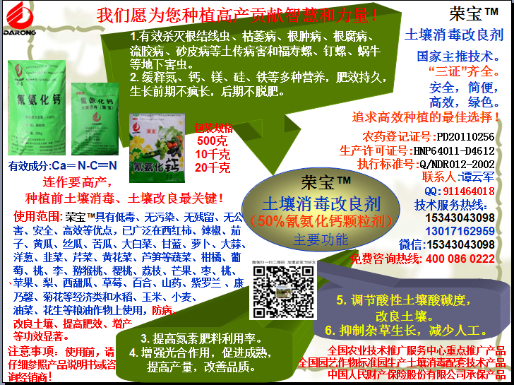 榮寶（氰氨化鈣）顆粒殺菌劑，土壤消毒、緩釋氮鈣營(yíng)養(yǎng)、肥料增效、土壤改良四效合一，殺滅根結(jié)線蟲(chóng)，防治根腫病、根腐病、枯萎病、流膠病、蓮藕腐敗病等土傳病害，殺滅福壽螺、釘螺等地下害蟲(chóng)，解決連作障礙